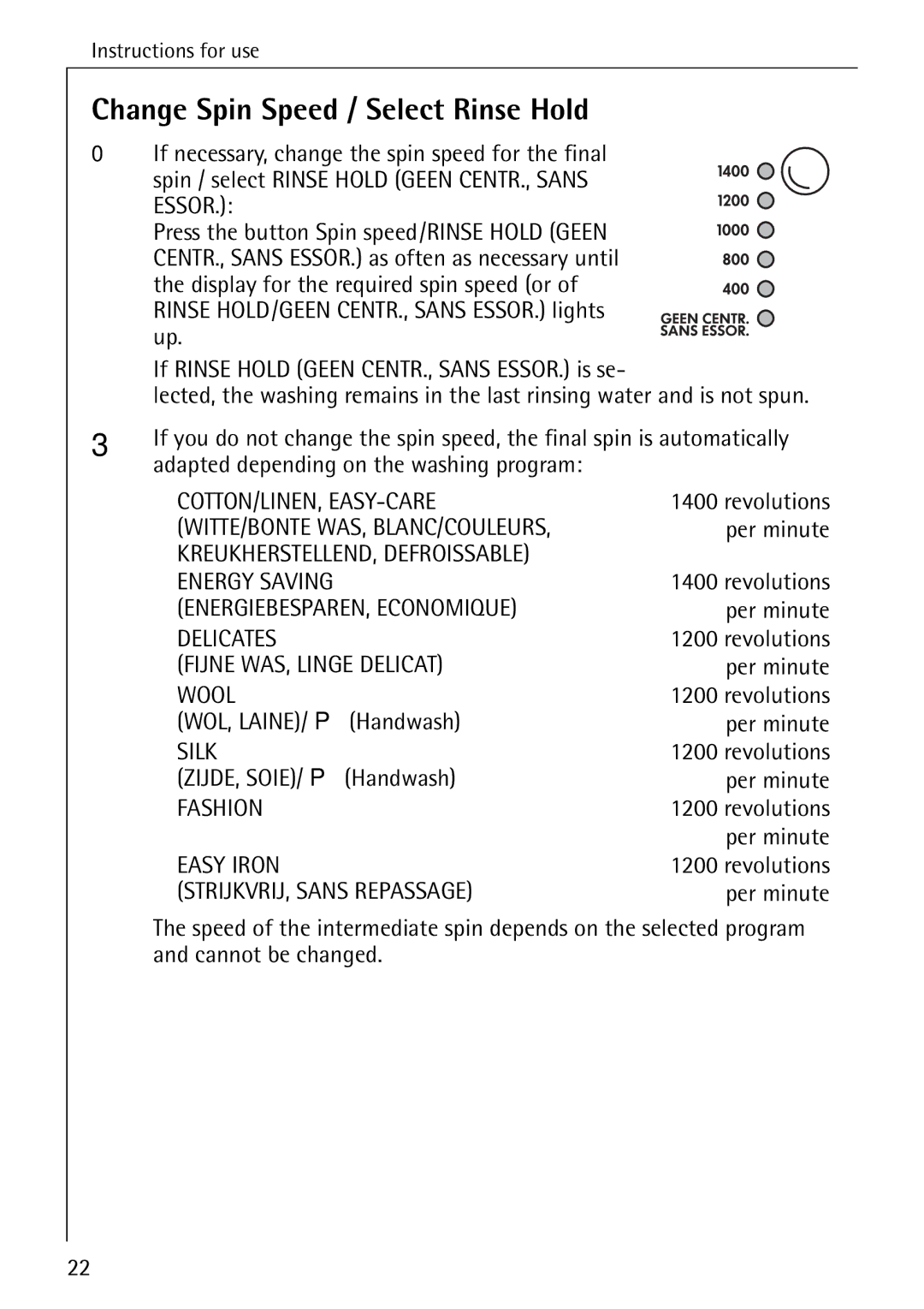 AEG 84760 manual Change Spin Speed / Select Rinse Hold 