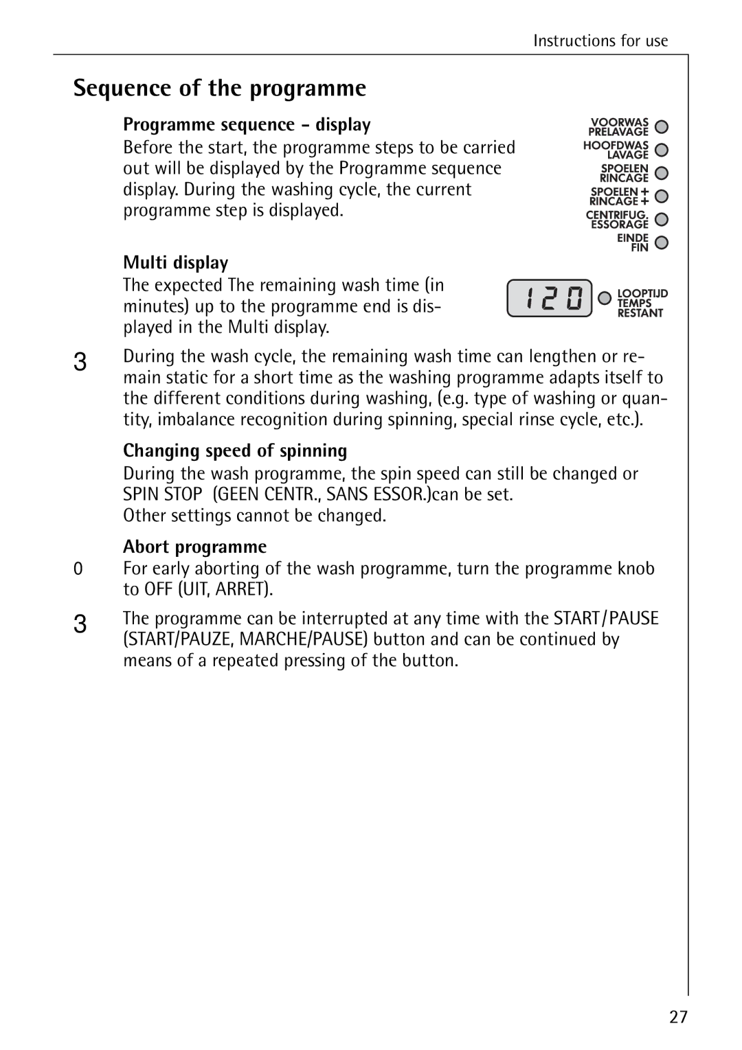 AEG 84760 manual Sequence of the programme, Programme sequence display, Multi display, Changing speed of spinning 