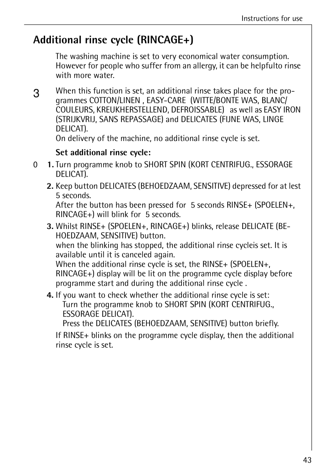 AEG 84760 manual Additional rinse cycle RINCAGE+, With more water, Set additional rinse cycle 