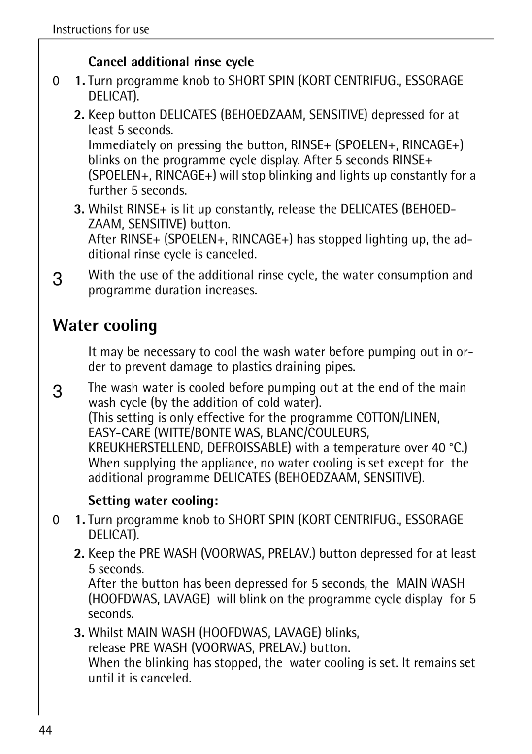 AEG 84760 manual Water cooling, Cancel additional rinse cycle, Setting water cooling 