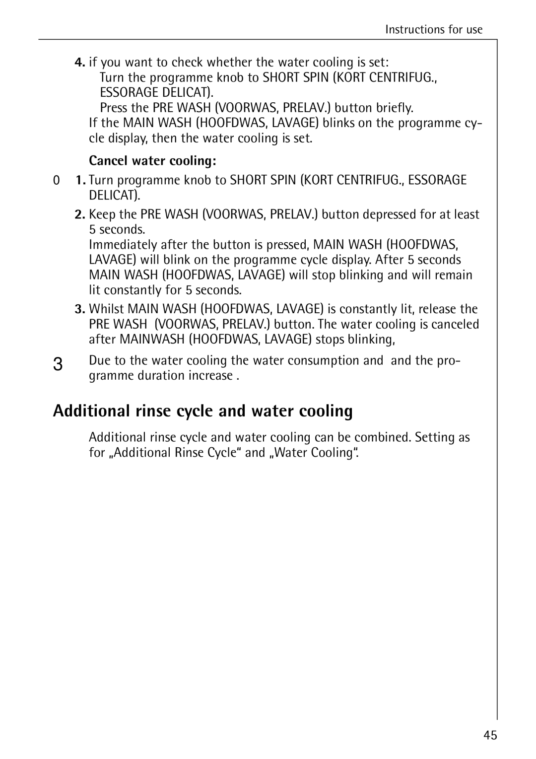 AEG 84760 manual Additional rinse cycle and water cooling, Cancel water cooling, Gramme duration increase 