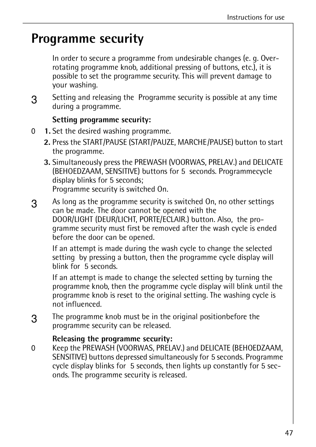 AEG 84760 manual Programme security, Setting programme security, Releasing the programme security 