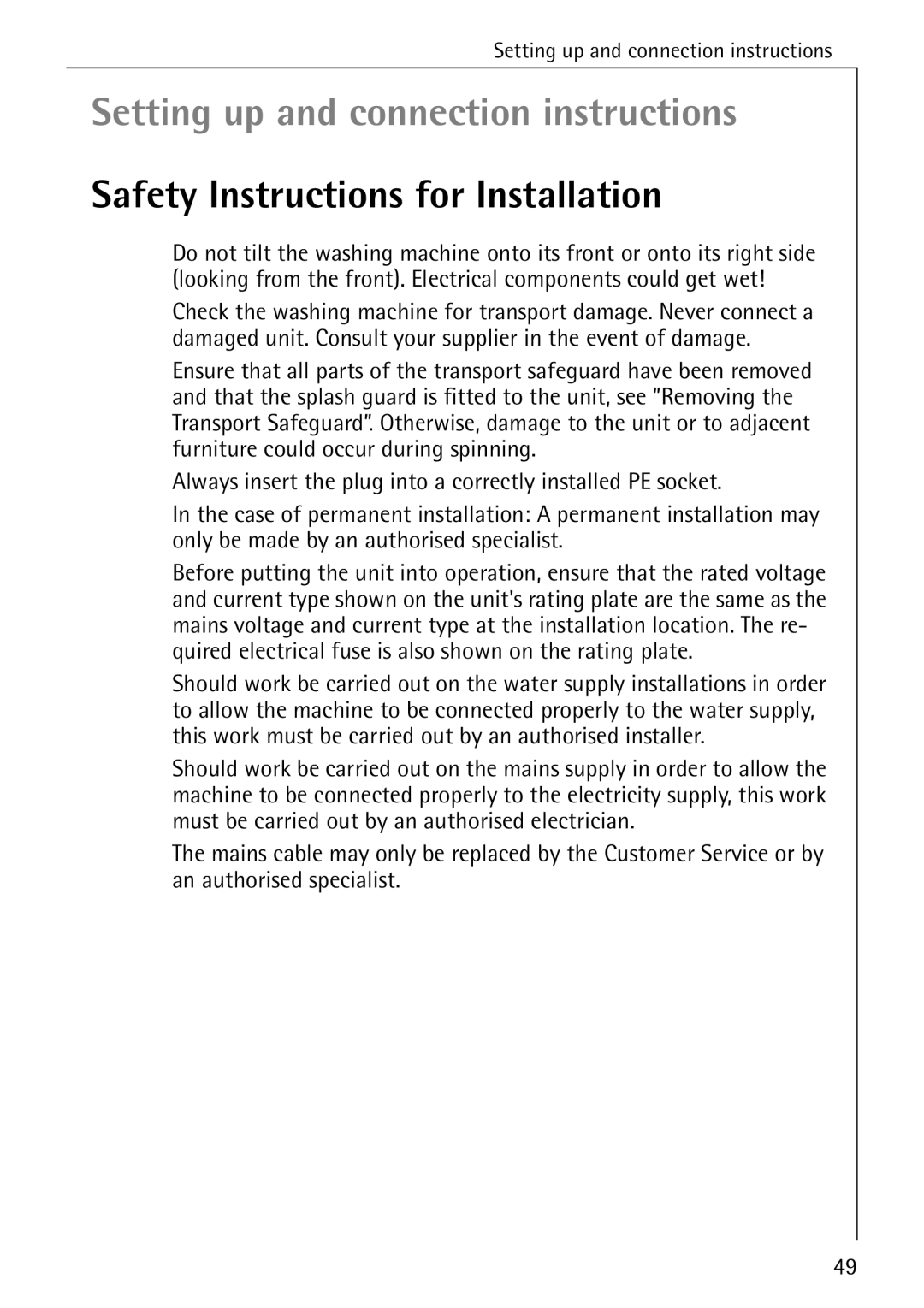 AEG 84760 manual Setting up and connection instructions, Safety Instructions for Installation 