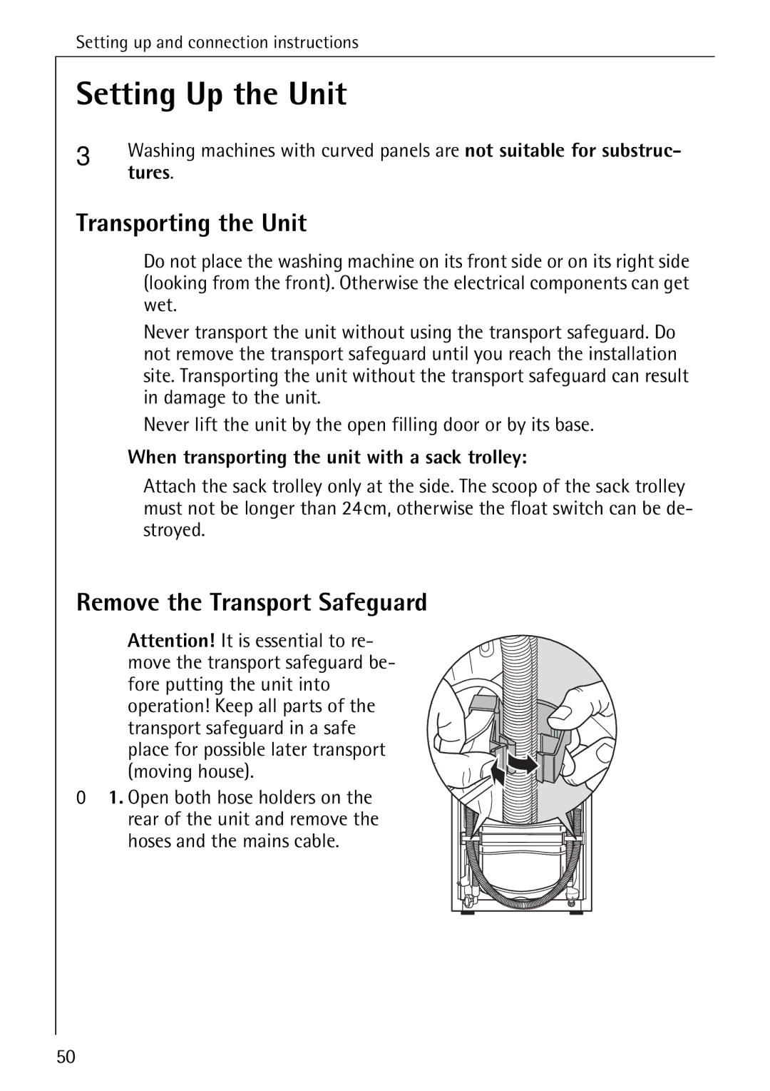 AEG 84760 manual Setting Up the Unit, Transporting the Unit, Remove the Transport Safeguard, Tures 