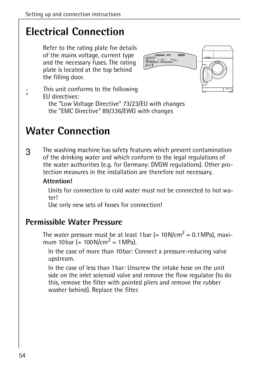 AEG 84760 manual Electrical Connection, Water Connection, Permissible Water Pressure 