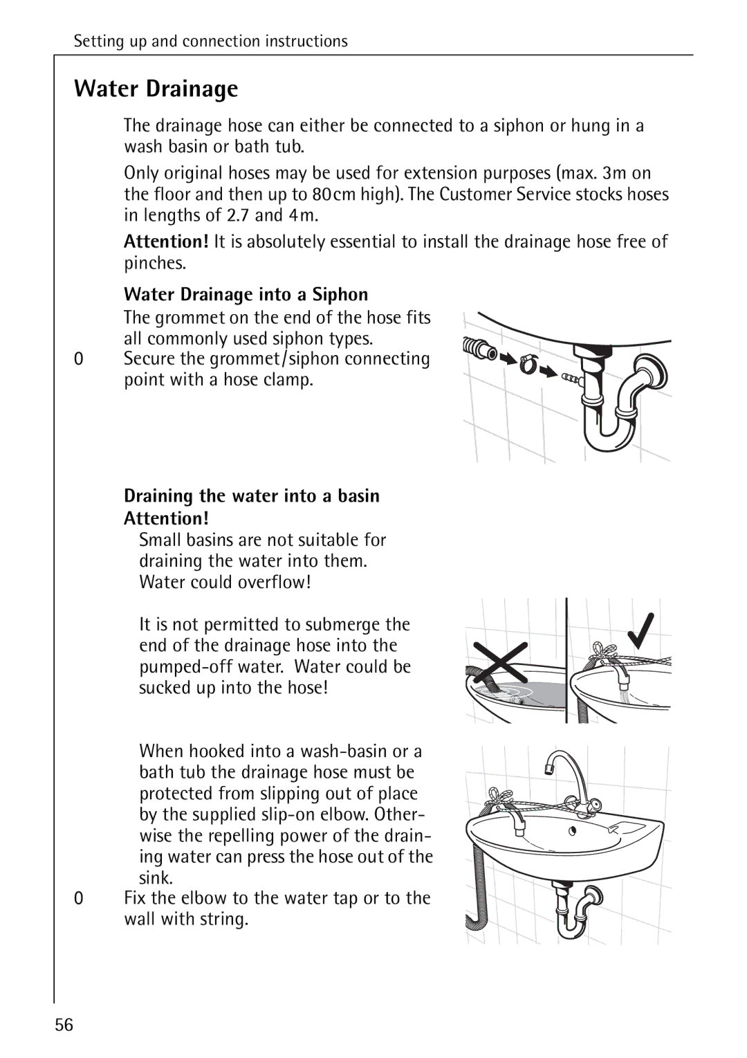 AEG 84760 manual Water Drainage into a Siphon, Draining the water into a basin 