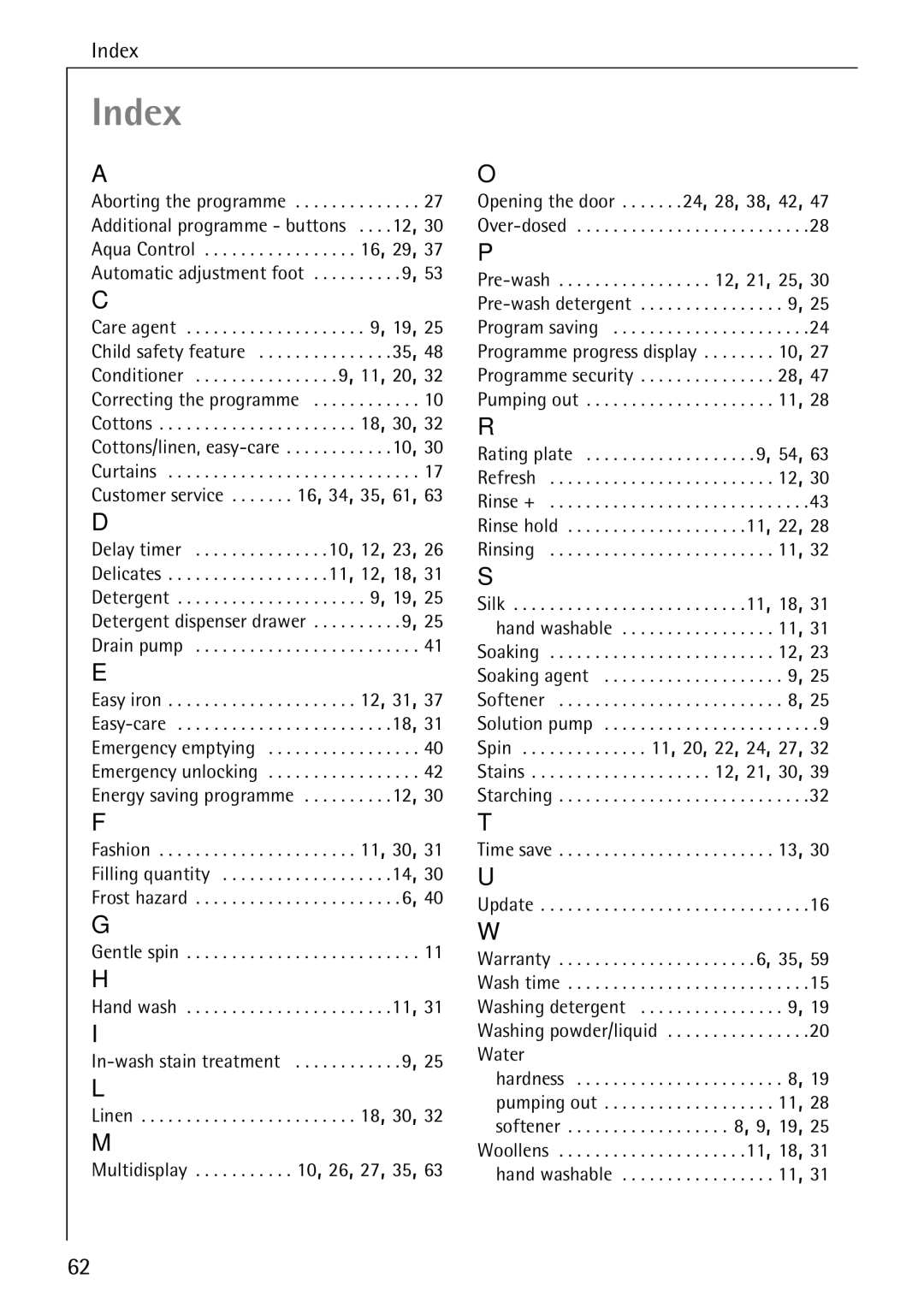 AEG 84760 manual Index 