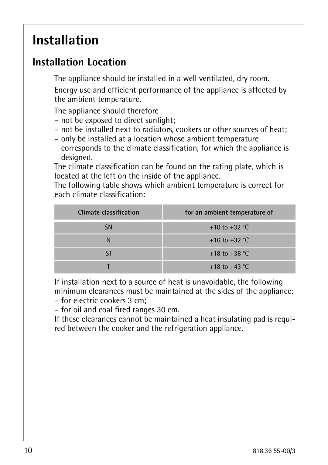 AEG 86378-KG operating instructions Installation Location 