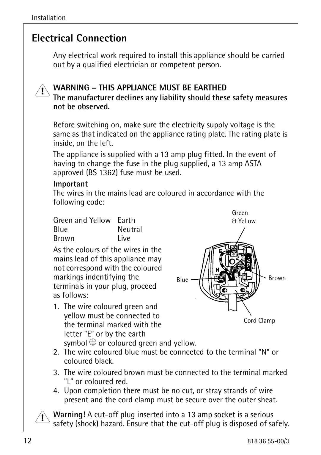 AEG 86378-KG Electrical Connection, Terminals in your plug, proceed, Wire coloured green Yellow must be connected to 