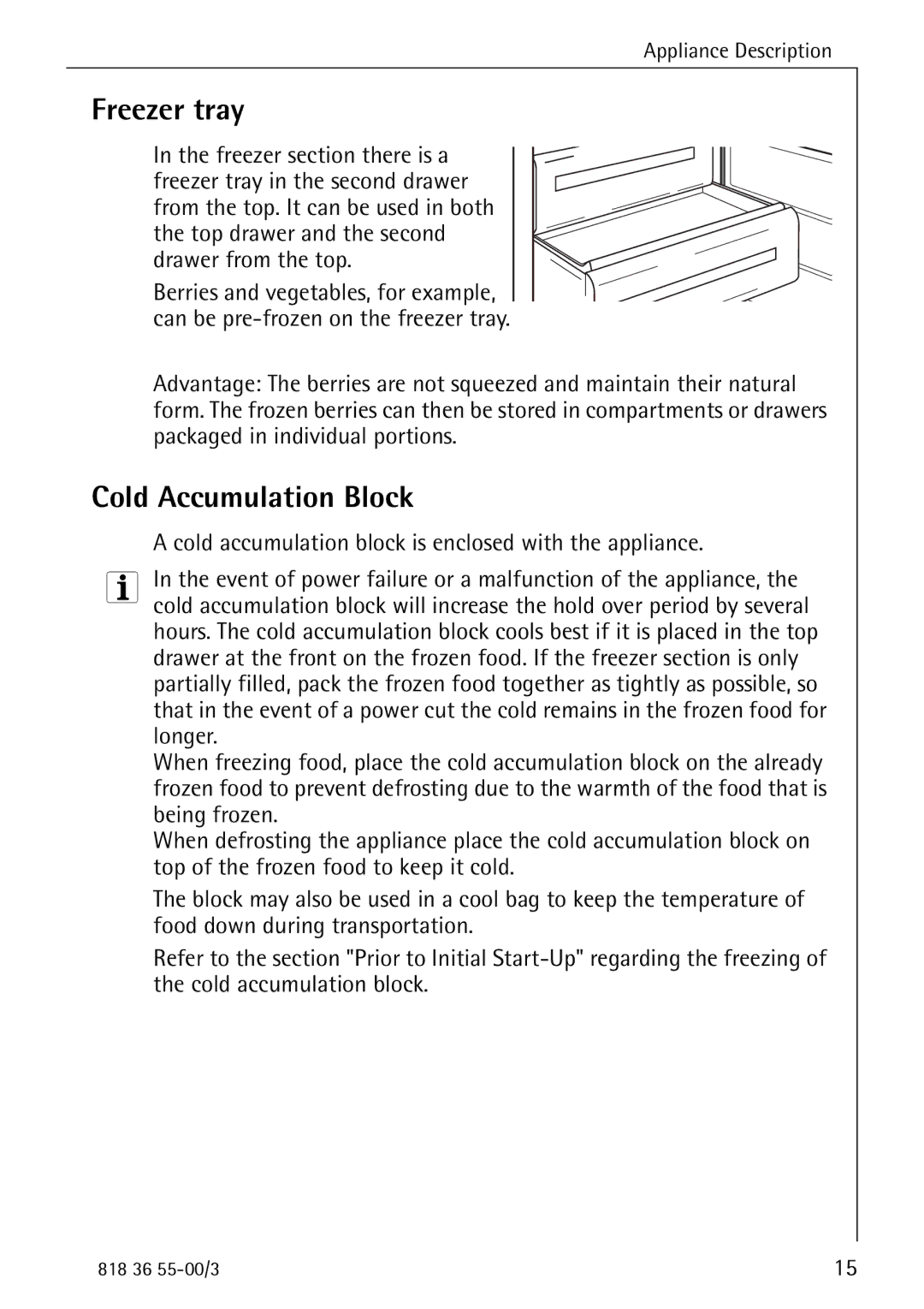 AEG 86378-KG operating instructions Freezer tray, Cold Accumulation Block 