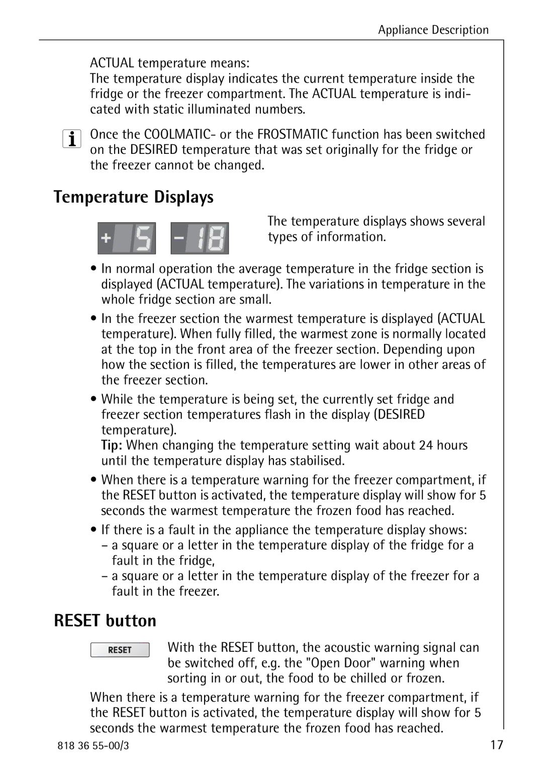 AEG 86378-KG operating instructions Temperature Displays, Reset button 