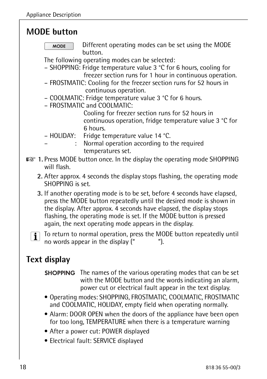 AEG 86378-KG operating instructions Mode button, Text display, No words appear in the display 