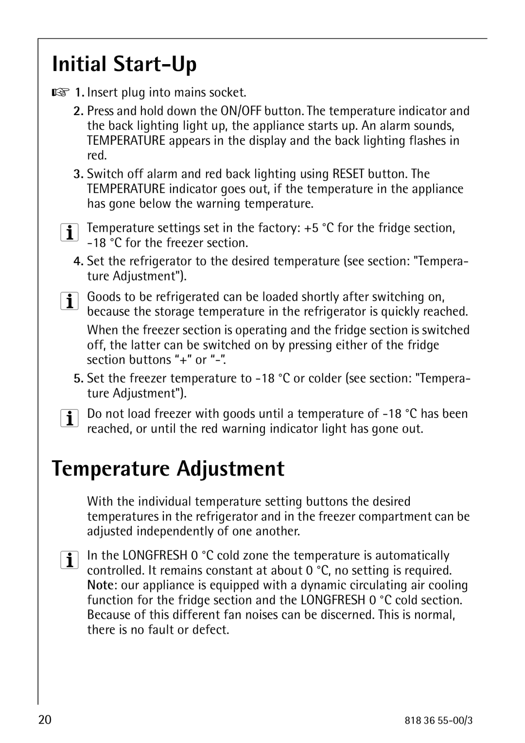 AEG 86378-KG operating instructions Initial Start-Up, Temperature Adjustment 