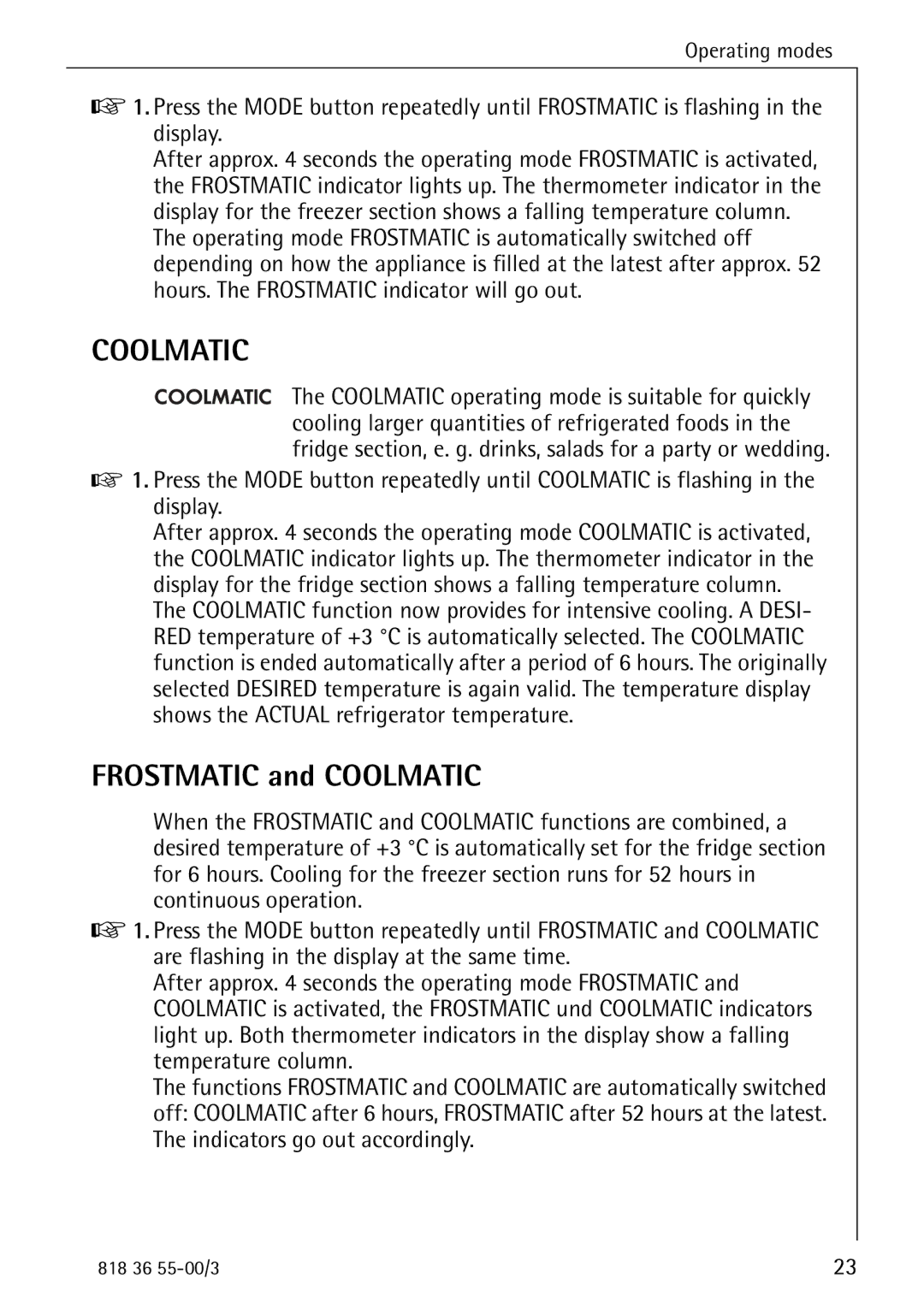 AEG 86378-KG operating instructions Frostmatic and Coolmatic 