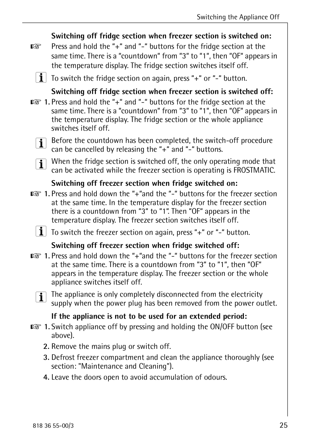 AEG 86378-KG operating instructions To switch the fridge section on again, press + or button 