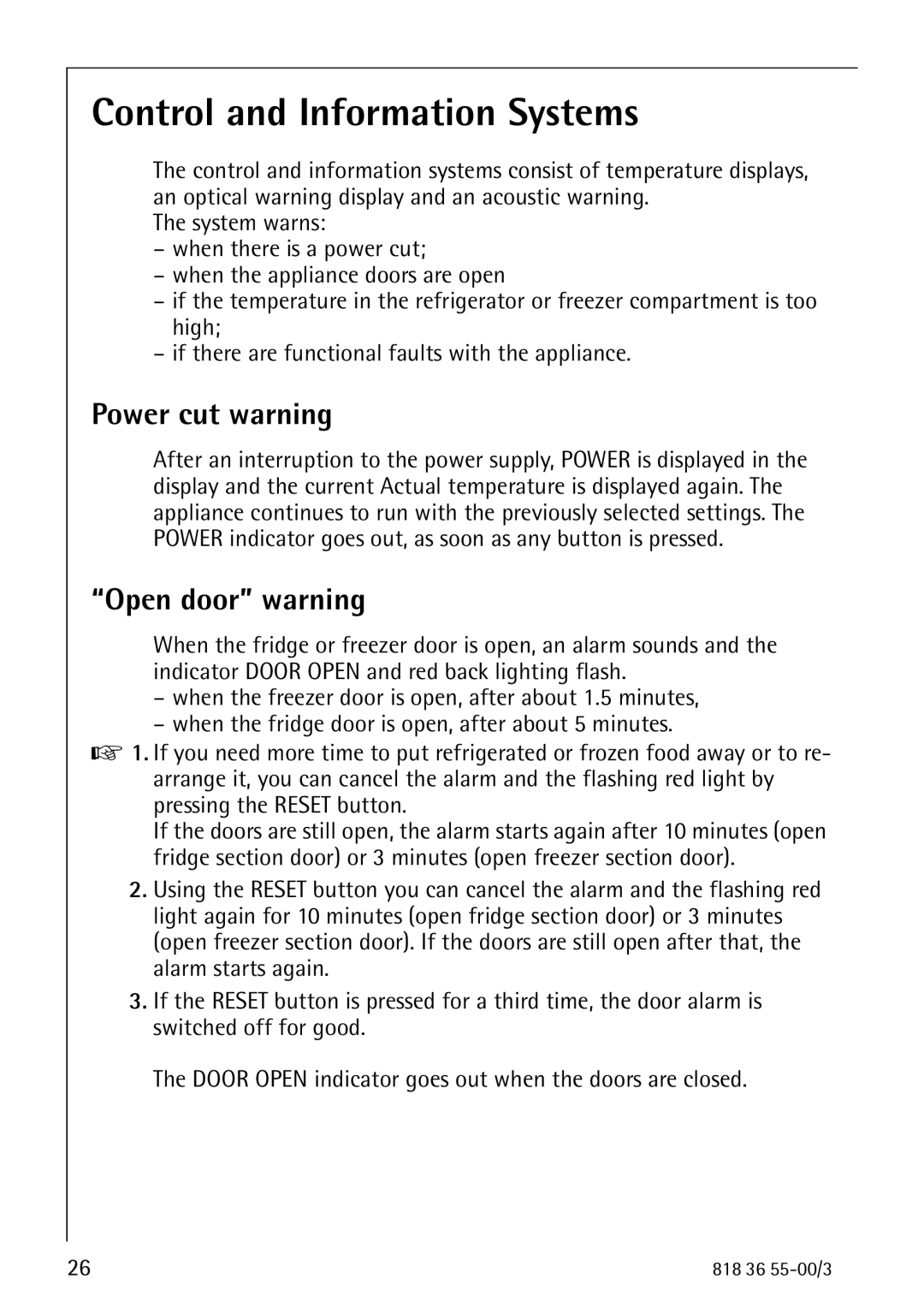 AEG 86378-KG operating instructions Control and Information Systems, Power cut warning, Open door warning 