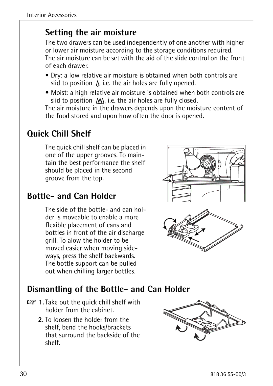 AEG 86378-KG operating instructions Setting the air moisture, Quick Chill Shelf, Bottle- and Can Holder 