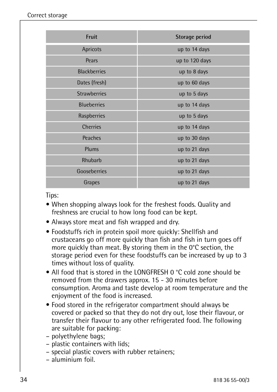 AEG 86378-KG operating instructions Tips, Fruit Storage period 