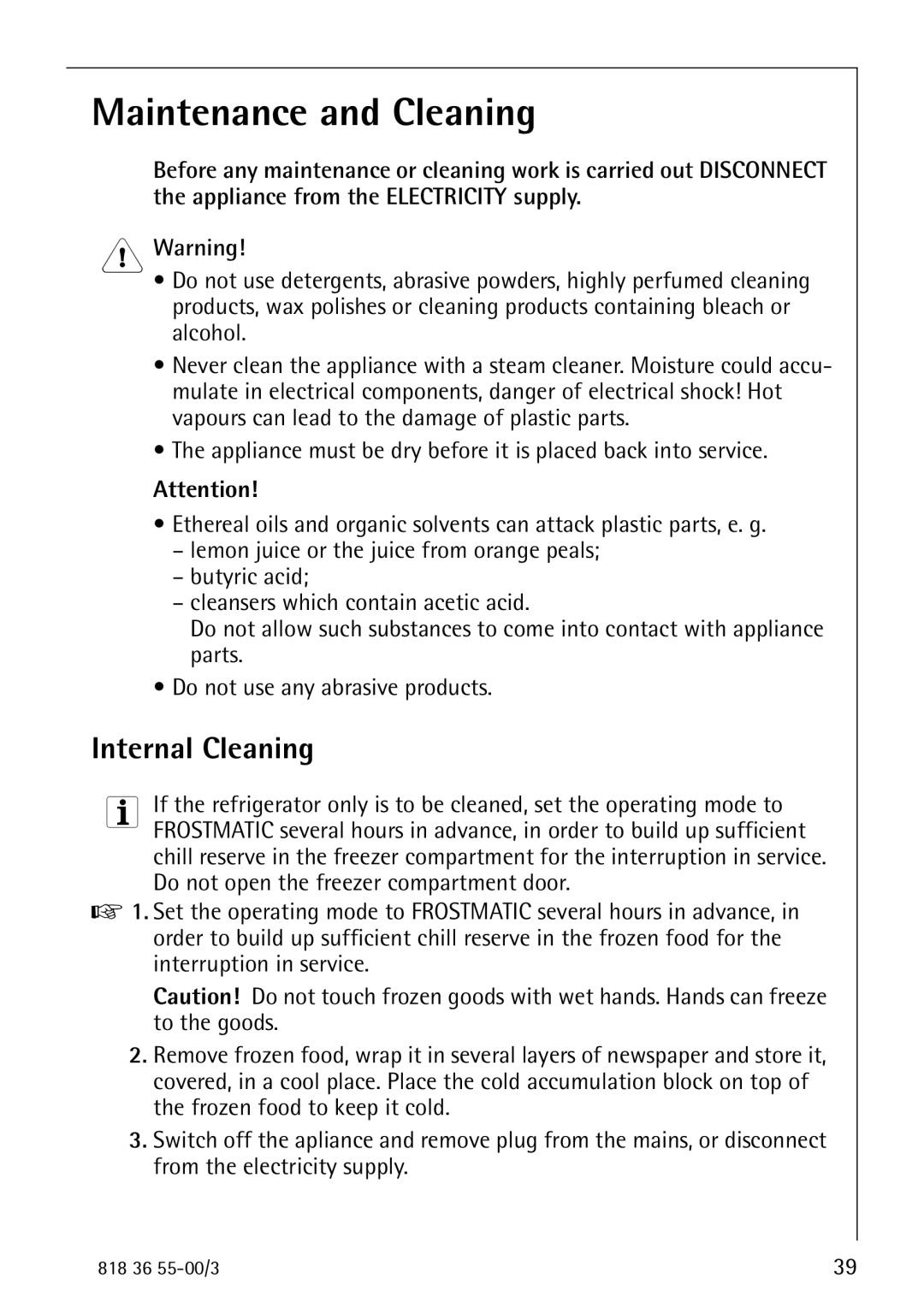 AEG 86378-KG operating instructions Maintenance and Cleaning, Internal Cleaning 