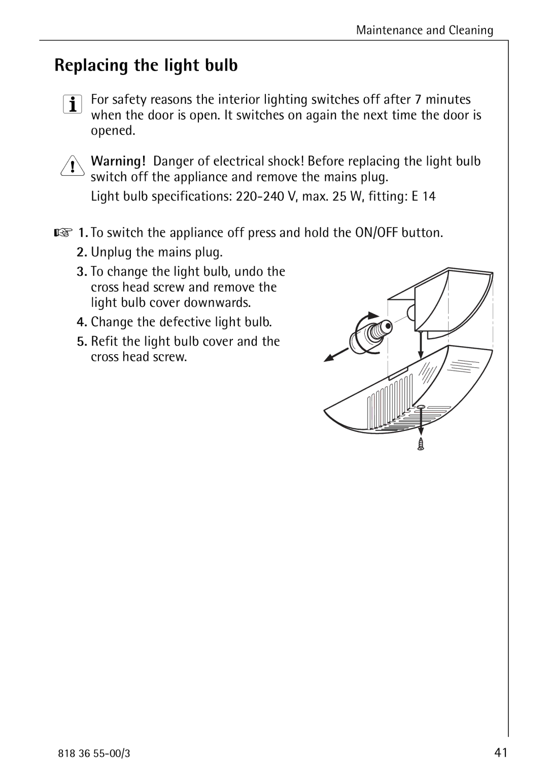 AEG 86378-KG operating instructions Replacing the light bulb 