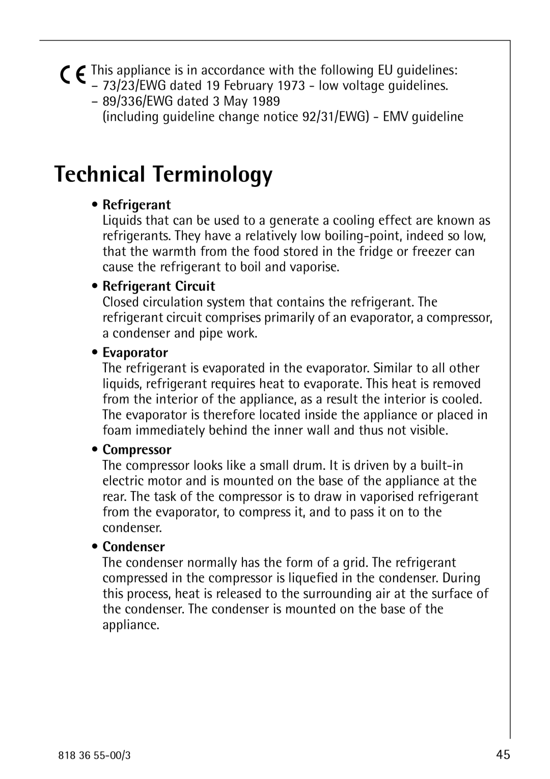 AEG 86378-KG operating instructions Technical Terminology, Refrigerant Circuit, Evaporator, Compressor, Condenser 