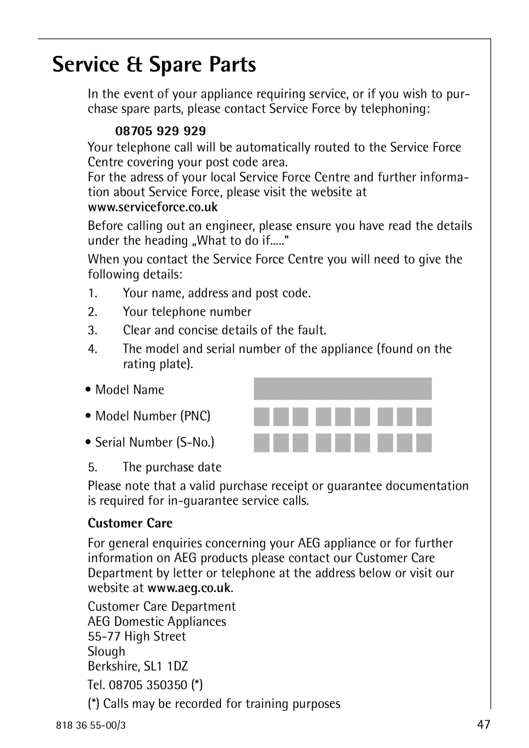 AEG 86378-KG Service & Spare Parts, 08705 929, Customer Care, Calls may be recorded for training purposes 