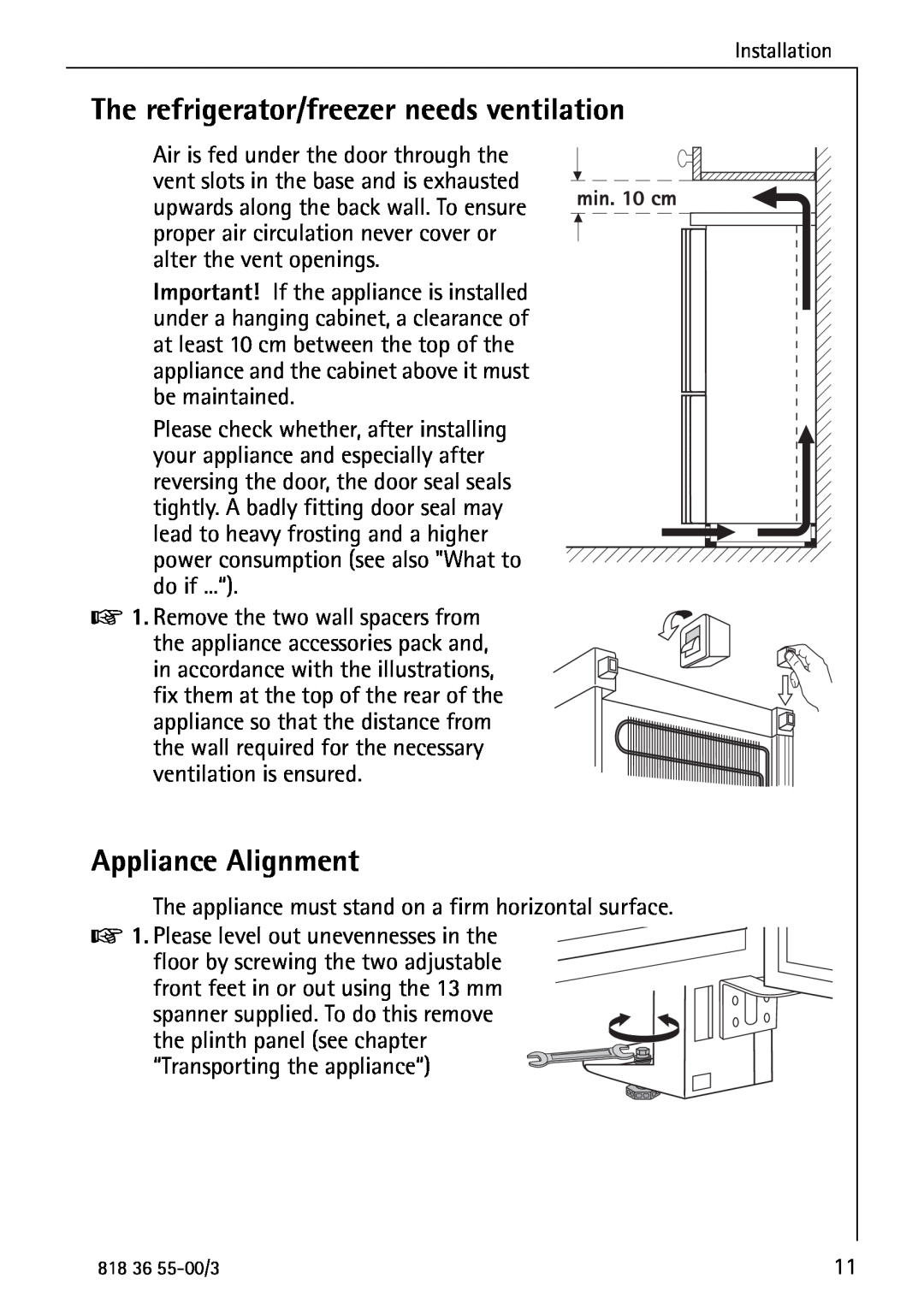 AEG 86378-KG operating instructions The refrigerator/freezer needs ventilation, Appliance Alignment 
