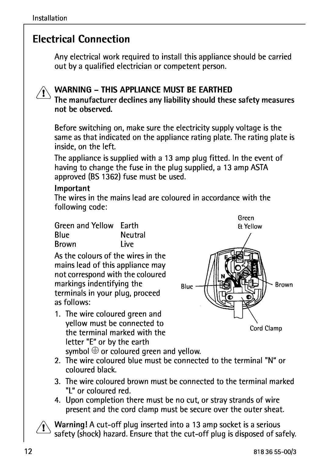 AEG 86378-KG operating instructions Electrical Connection, Warning - This Appliance Must Be Earthed 