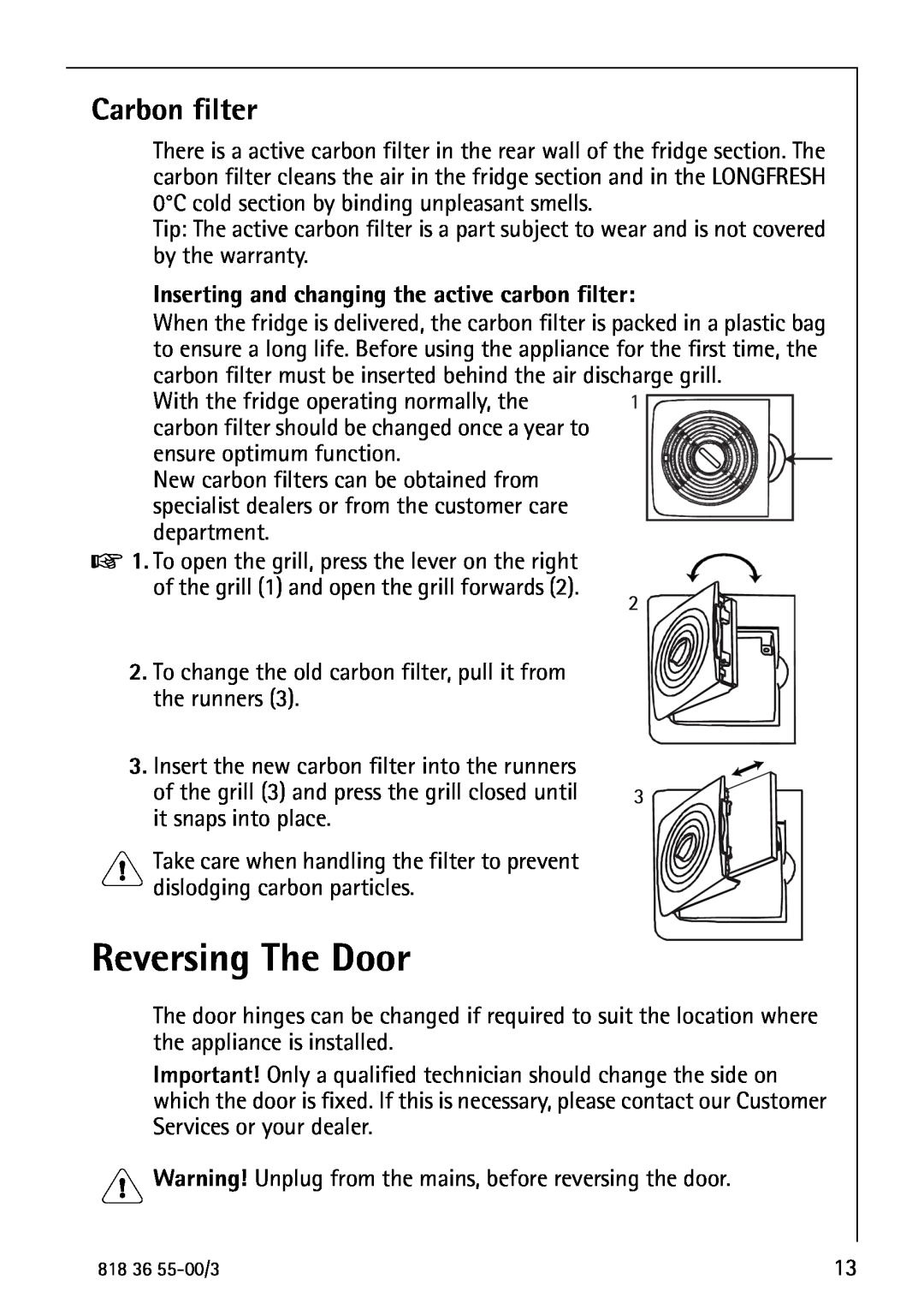 AEG 86378-KG operating instructions Reversing The Door, Carbon filter, Inserting and changing the active carbon filter 
