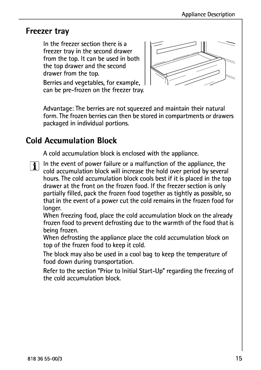 AEG 86378-KG operating instructions Freezer tray, Cold Accumulation Block 