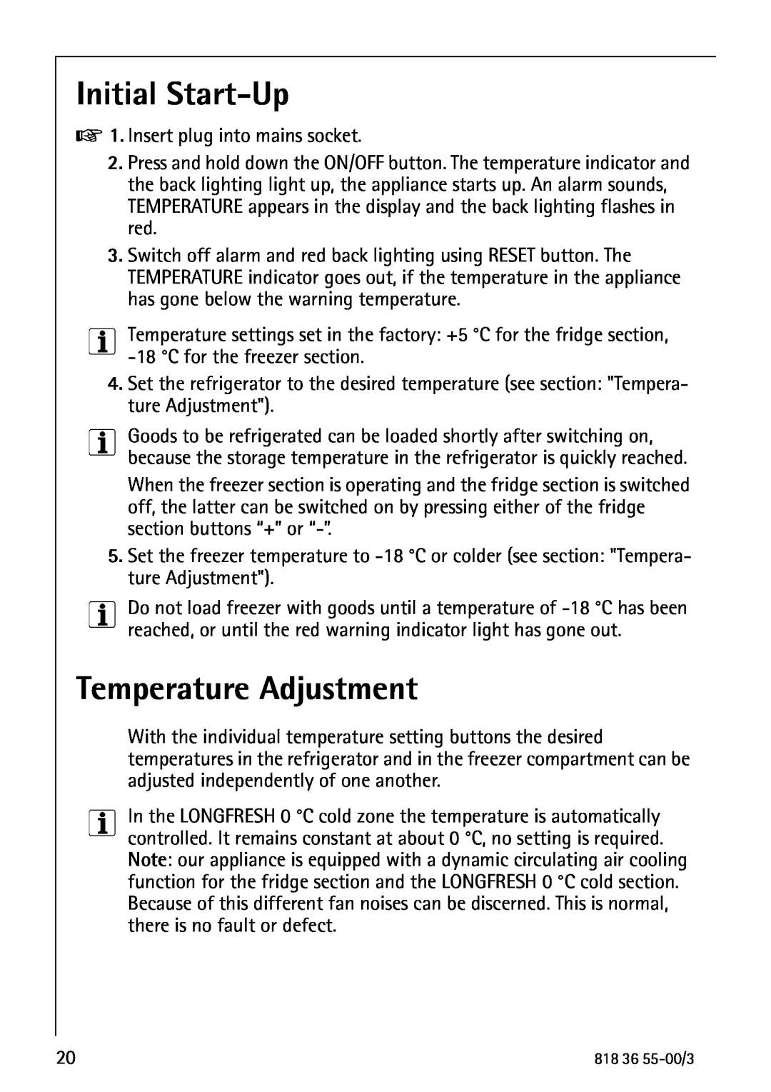 AEG 86378-KG operating instructions Initial Start-Up, Temperature Adjustment 