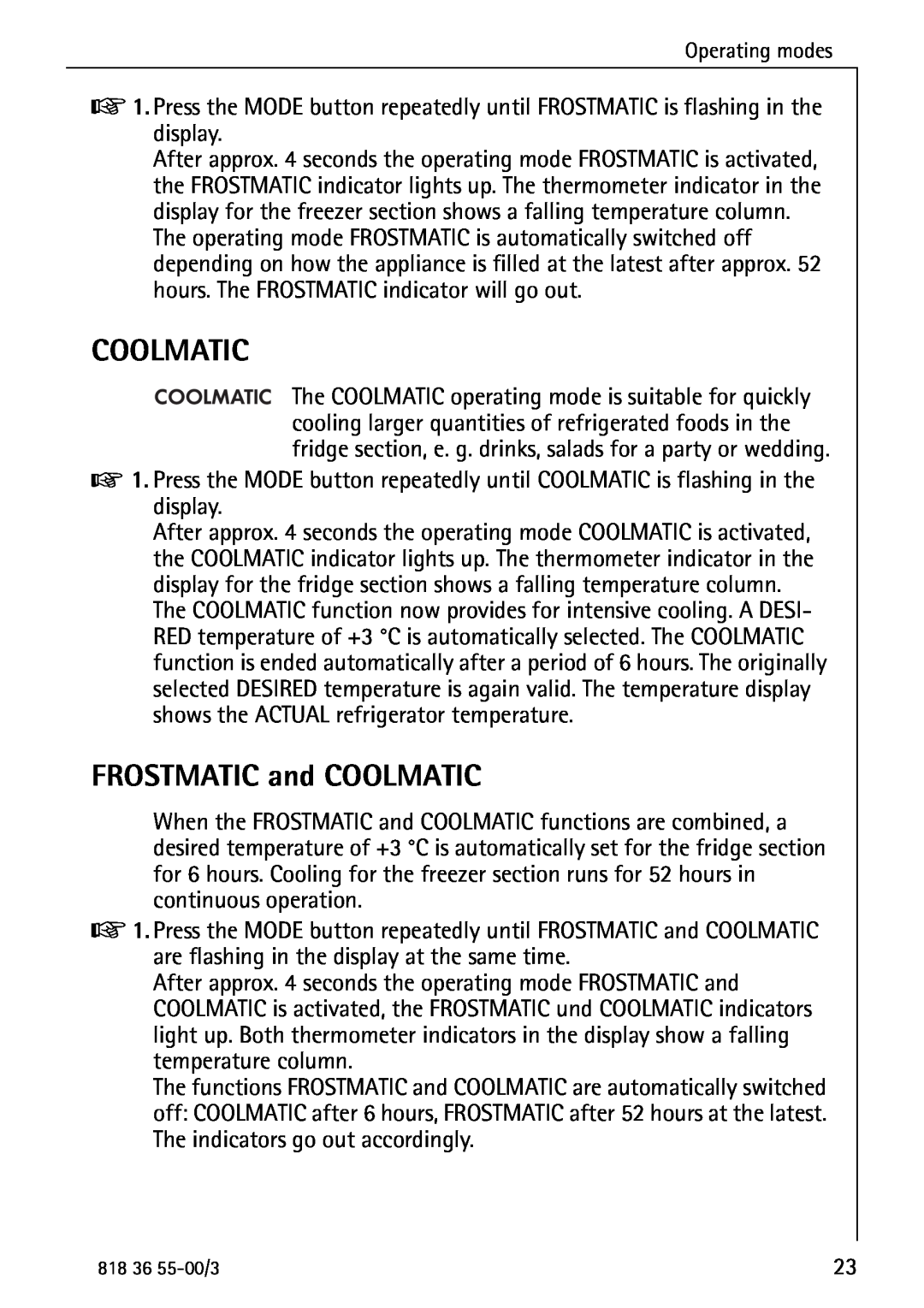 AEG 86378-KG operating instructions Coolmatic, FROSTMATIC and COOLMATIC 