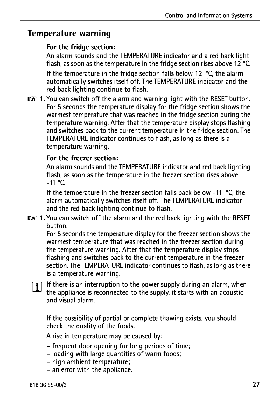 AEG 86378-KG operating instructions Temperature warning, For the fridge section, For the freezer section 