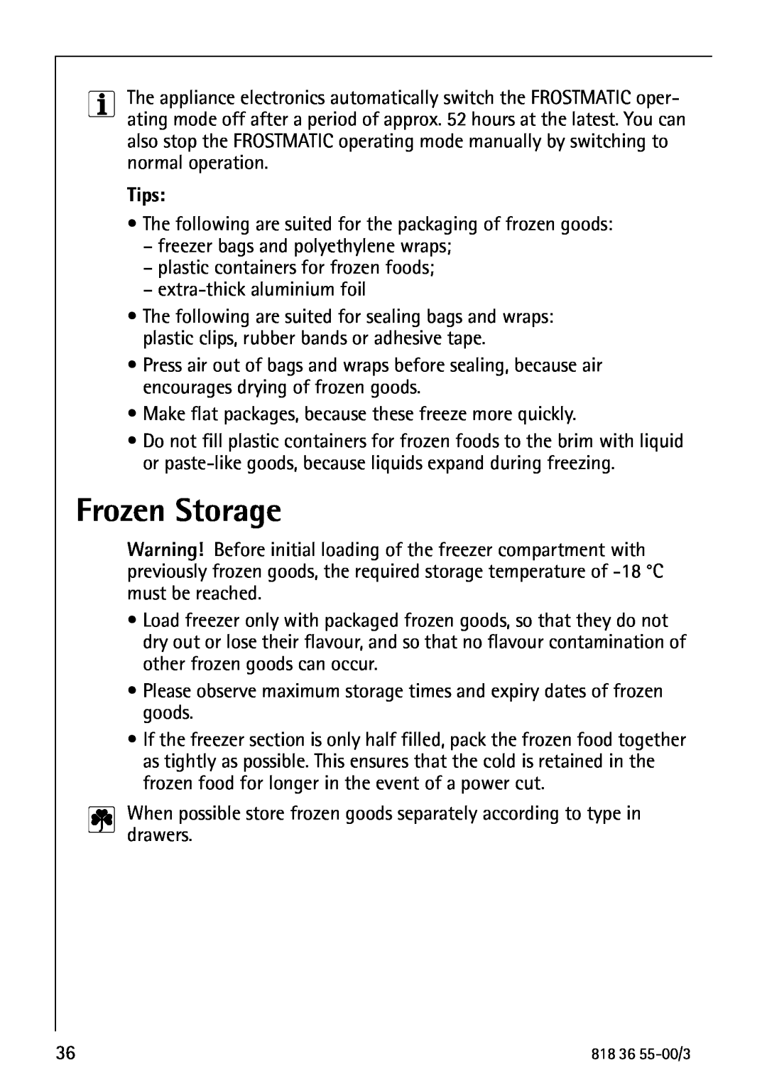 AEG 86378-KG operating instructions Frozen Storage, Tips 