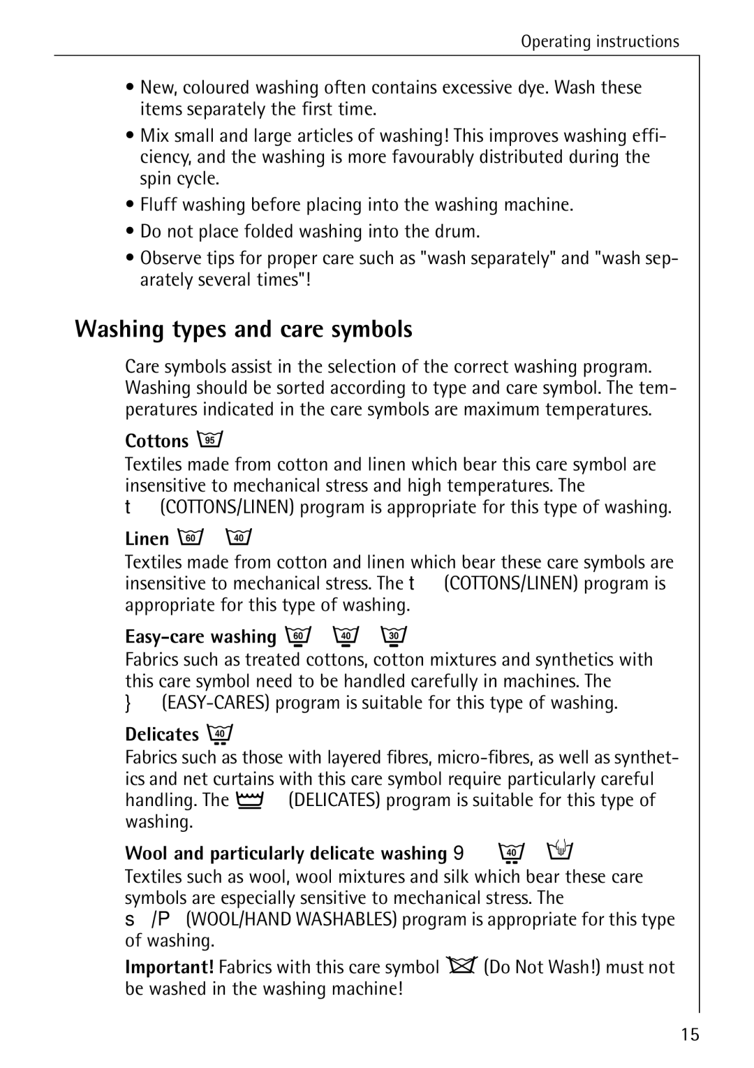 AEG 86720 manual Washing types and care symbols 