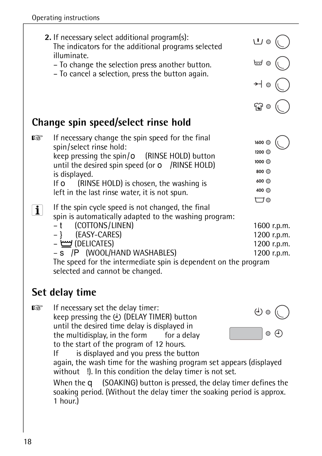 AEG 86720 manual Change spin speed/select rinse hold, Set delay time 