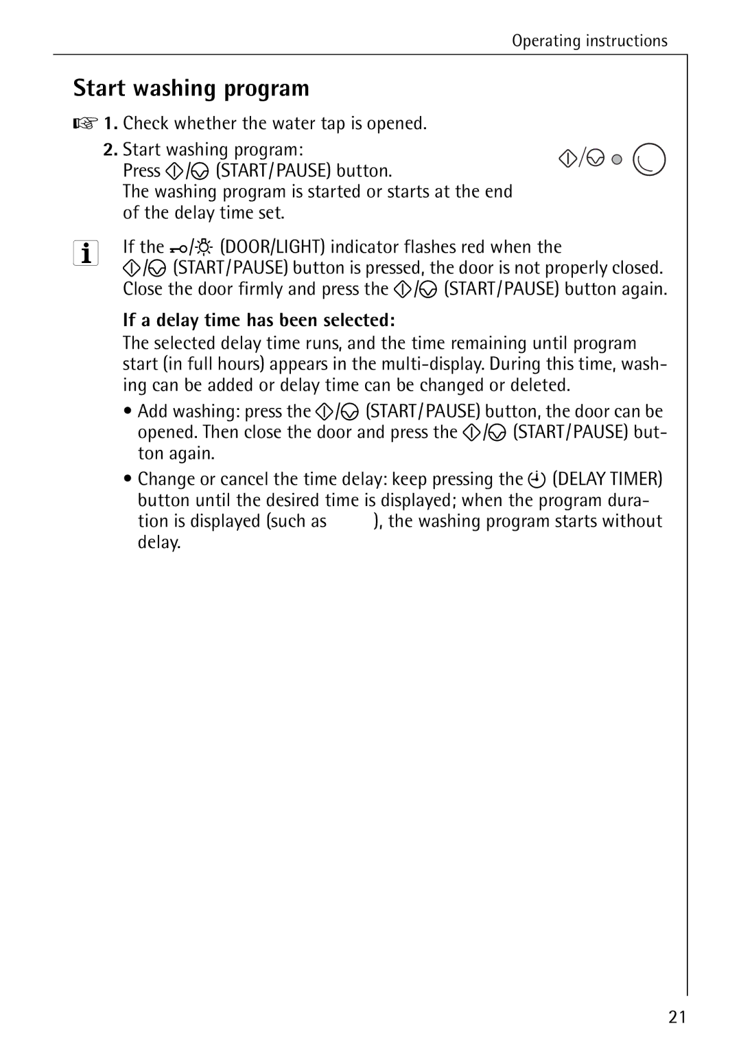 AEG 86720 manual Start washing program, If a delay time has been selected 