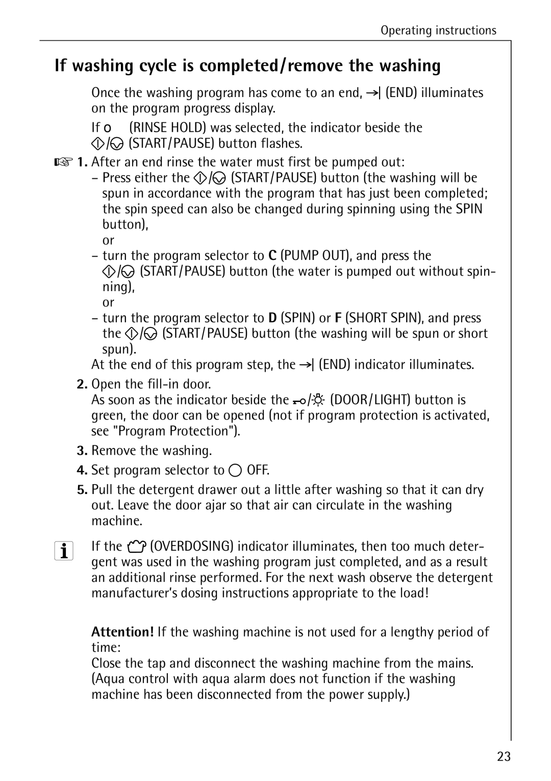 AEG 86720 manual If washing cycle is completed/remove the washing 