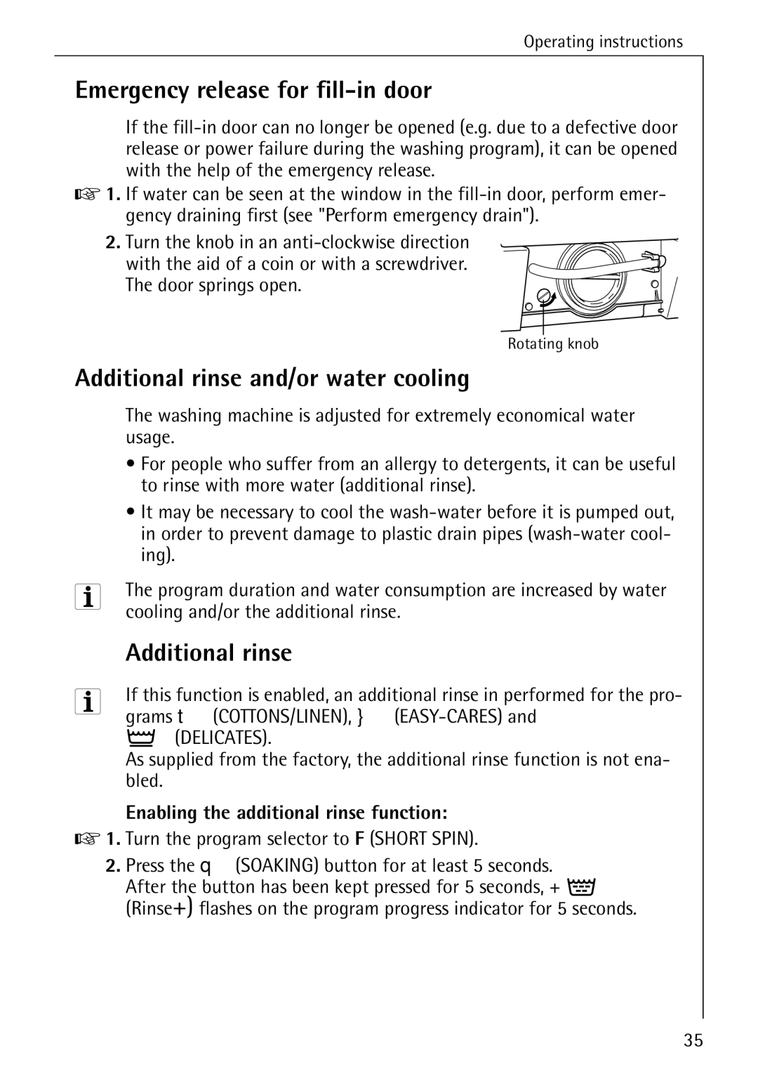 AEG 86720 manual Emergency release for fill-in door, Additional rinse and/or water cooling 