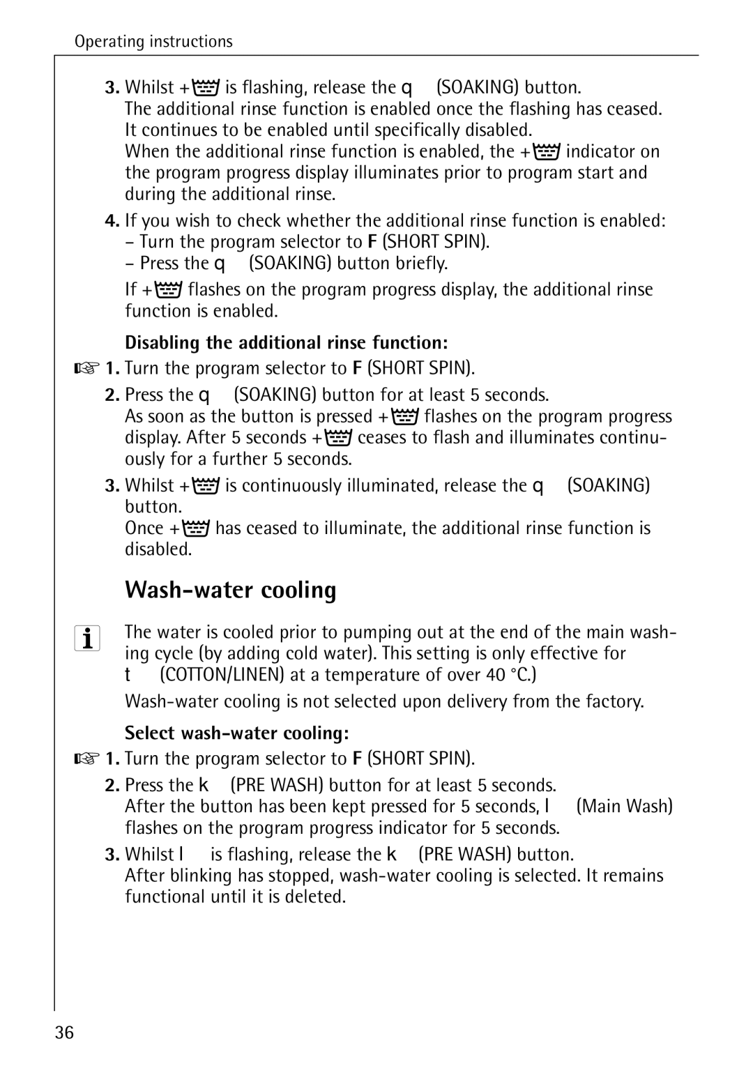 AEG 86720 manual Wash-water cooling, Disabling the additional rinse function, Select wash-water cooling 