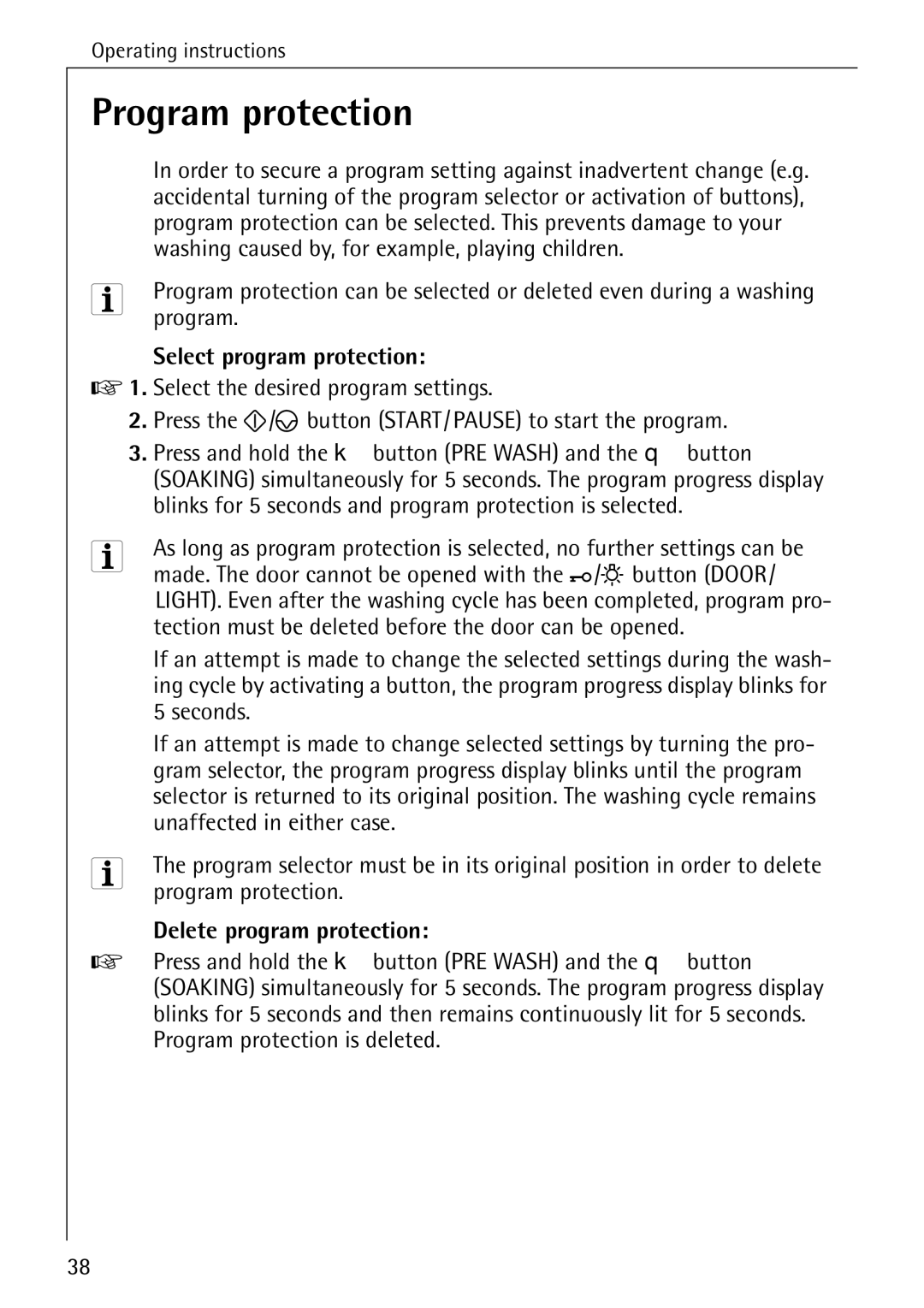 AEG 86720 manual Program protection, Select program protection, Delete program protection 