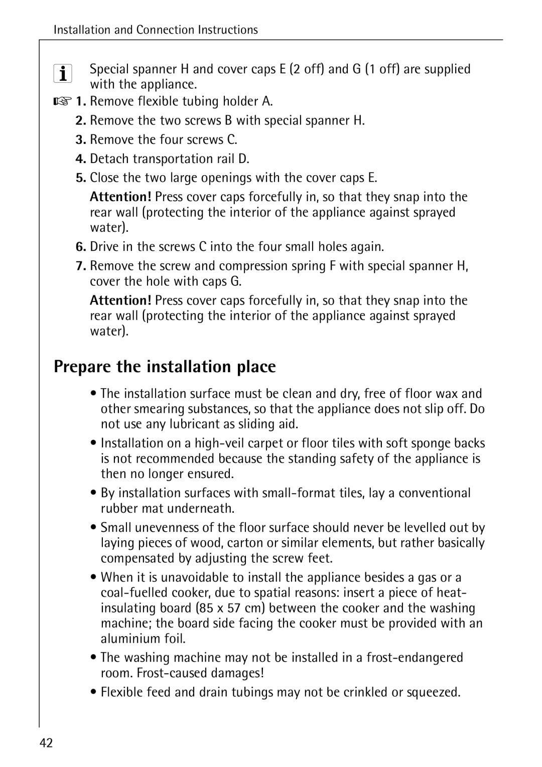 AEG 86720 manual Prepare the installation place, With the appliance 