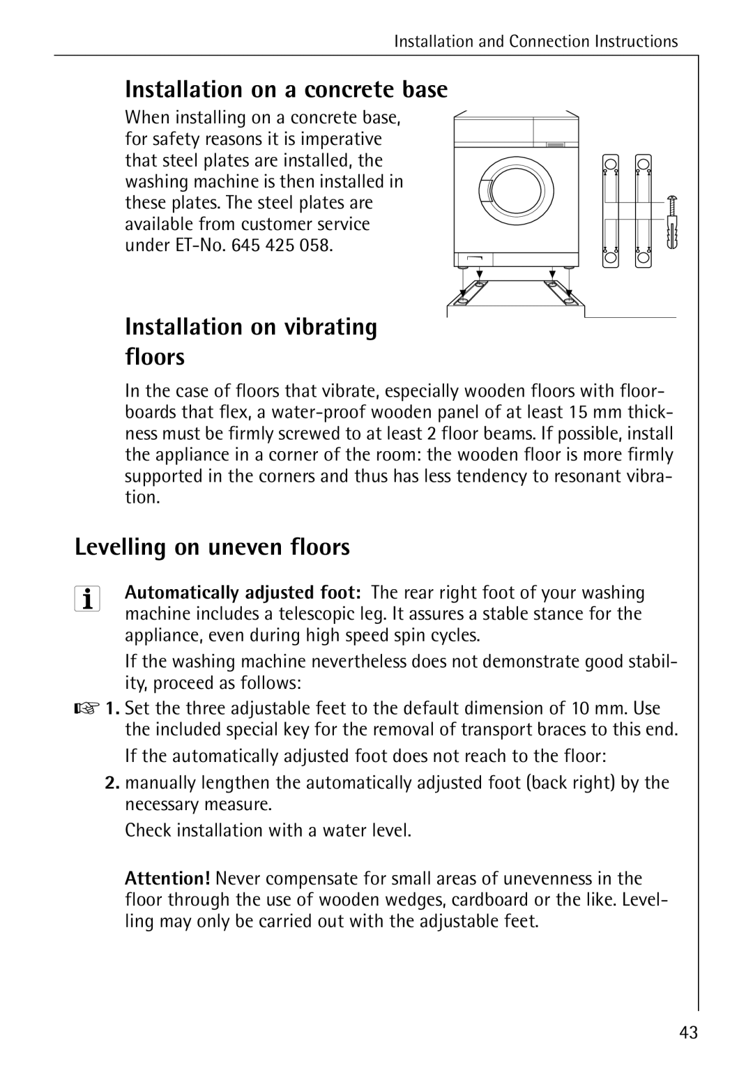 AEG 86720 manual Installation on a concrete base, Installation on vibrating floors, Levelling on uneven floors 