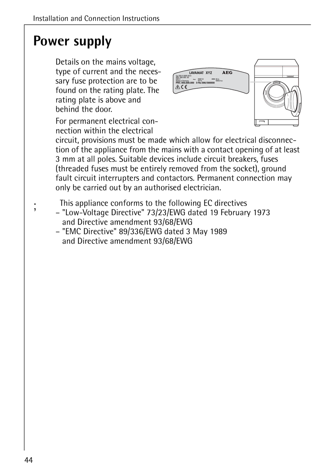 AEG 86720 manual Power supply, Details on the mains voltage, Behind the door 