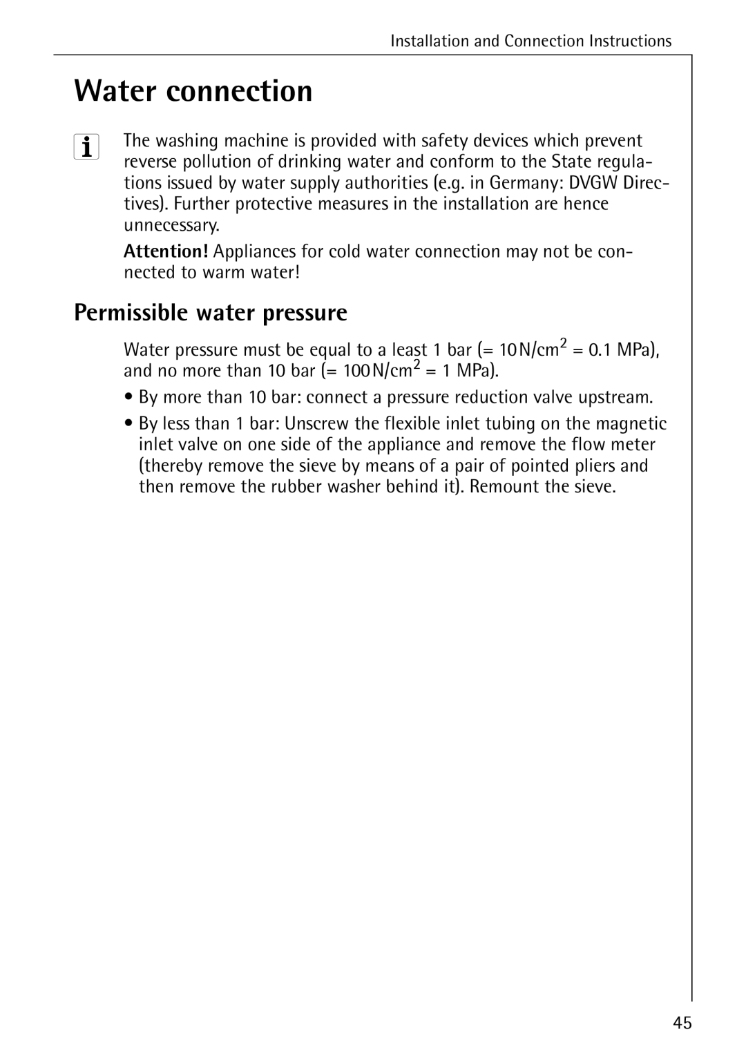 AEG 86720 manual Water connection, Permissible water pressure 