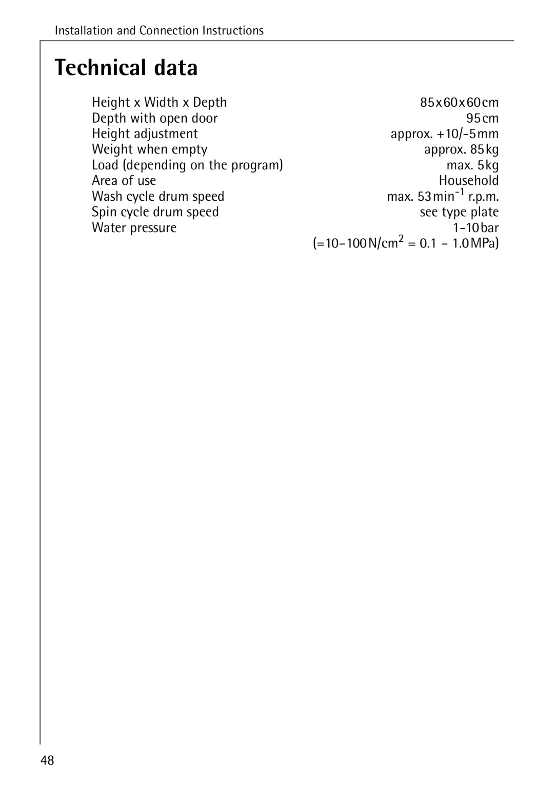 AEG 86720 manual Technical data 