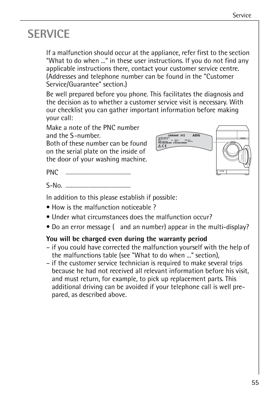 AEG 86720 manual Service, You will be charged even during the warranty period 