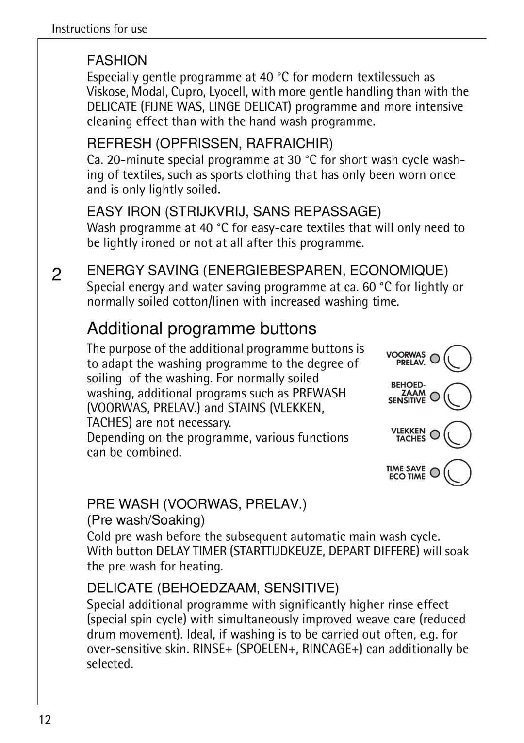 AEG 86740 manual Additional programme buttons, PRE Wash VOORWAS, PRELAV. Pre wash/Soaking 