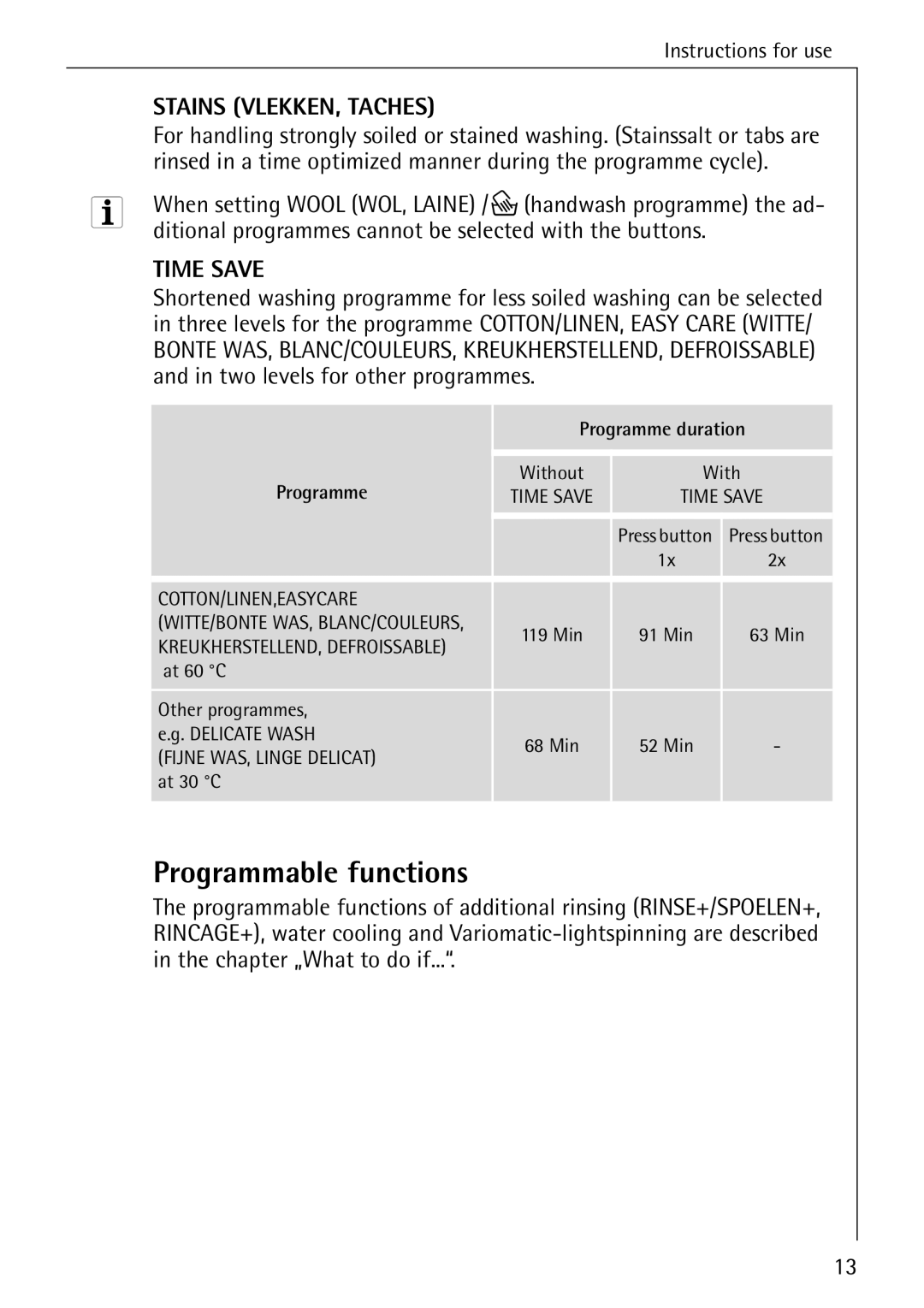 AEG 86740 manual Programmable functions, Two levels for other programmes 