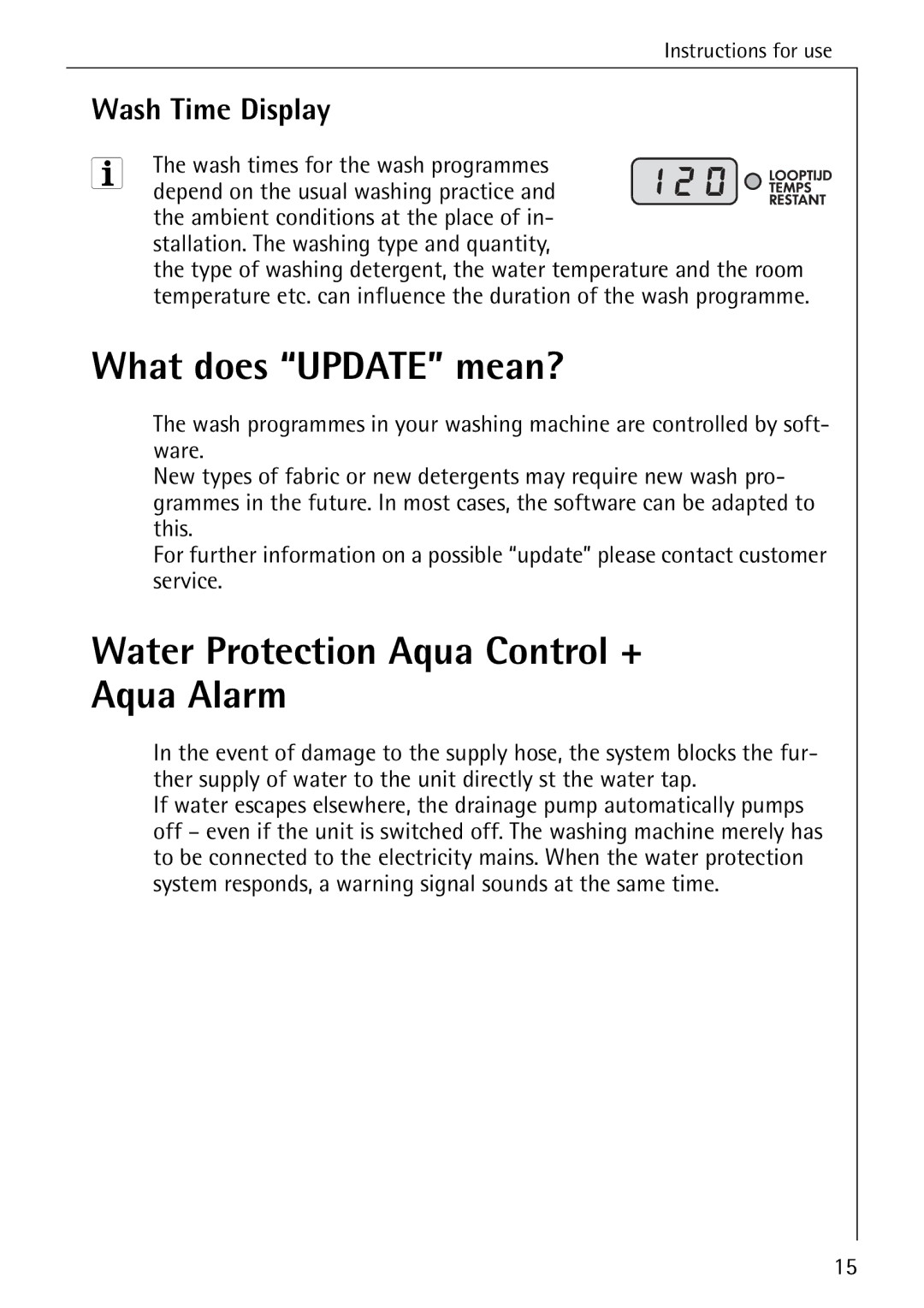 AEG 86740 manual What does Update mean?, Water Protection Aqua Control + Aqua Alarm, Wash Time Display 